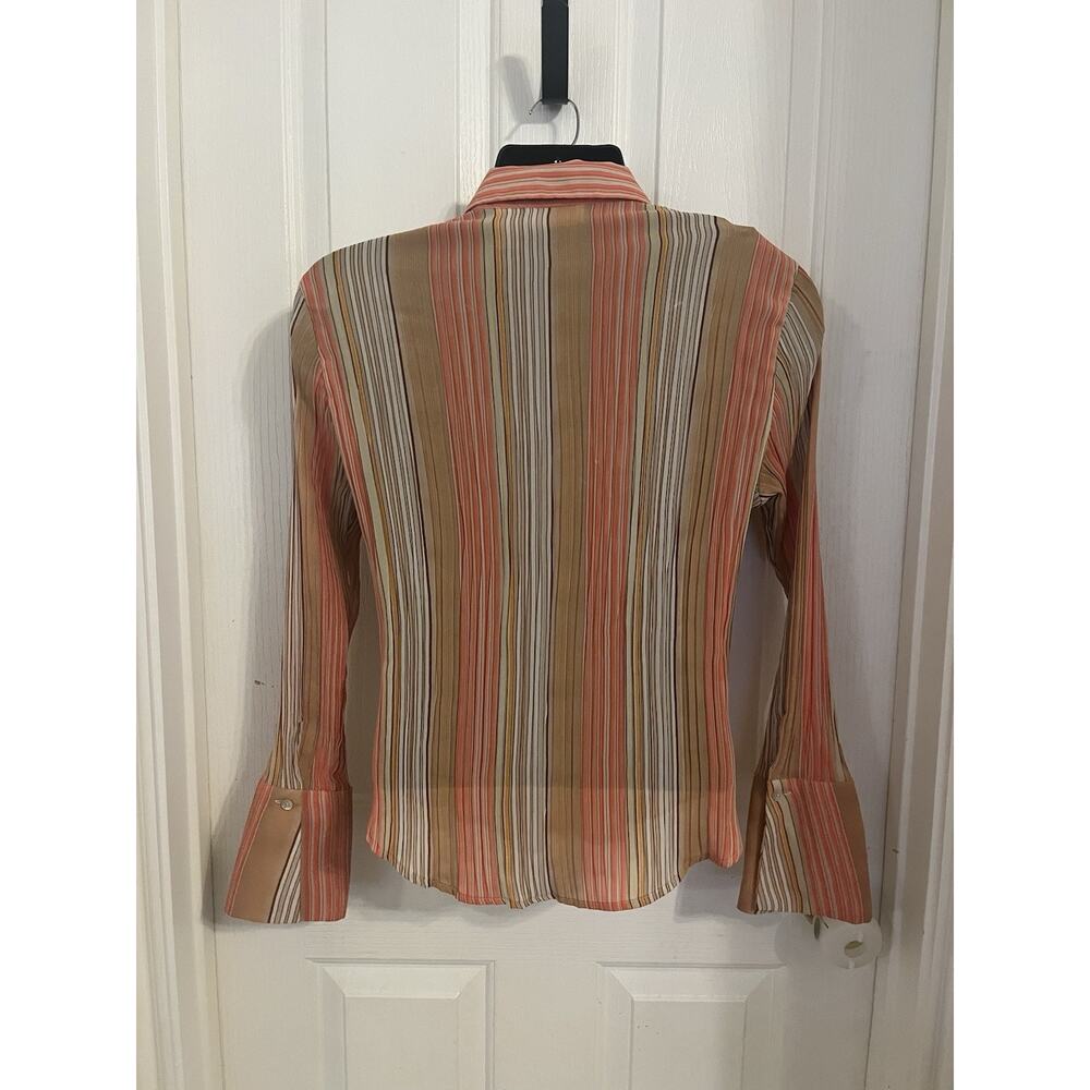 VTG 70s Dagger Collar Disco Stripe Sheer Angel Sleeve Orange Cream Button Y2K - Picture 6 of 9